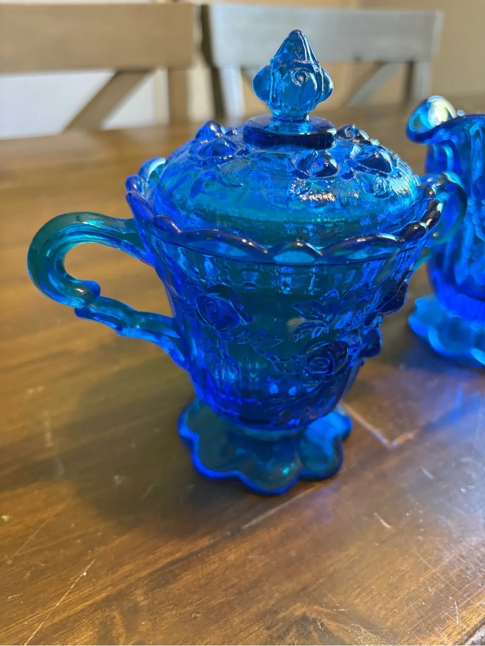 Vintage Fenton Cobalt Blue Cabbage Rose Set Creamer & Sugar Bowl With Lid